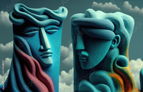 Storytelling expressive clay monolithic statues, easter island inspired - sculpted portraits conveying emotional conflict, thoughts shrouded in cloudy memories - generative AI.  photo