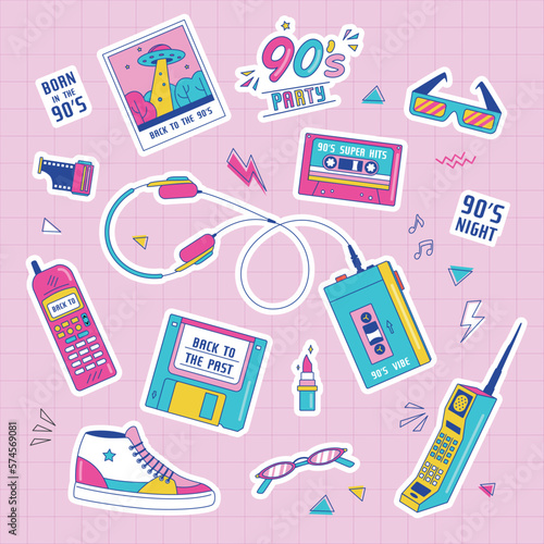 Big set of Retro patch badges with cassette, diskette, walkman, sneakers, photo, etc. 90's party. Vector illustration on pink background. Set of stickers, pins, patches in trendy 90s memphis style photo