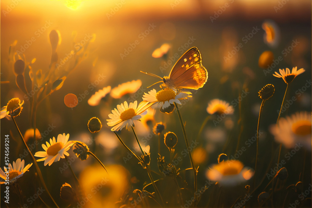 Field of daisies in golden rays of the setting sun in spring summer nature with an orange butterfly outdoors, AI Generated - obrazy, fototapety, plakaty 