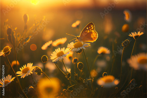 Field of daisies in golden rays of the setting sun in spring summer nature with an orange butterfly outdoors, AI Generated © YuliiaMazurkevych