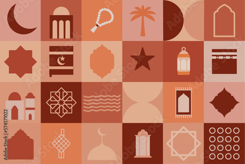 SET OF RAMADAN AND EID MUBARAK ICON IN MINIMALIST DESIGN AND SIMPLE COLOUR