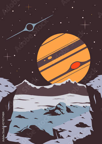 Astronomy Retro Space Poster. 1950s Style Fantastic Universe Landscape Illustration