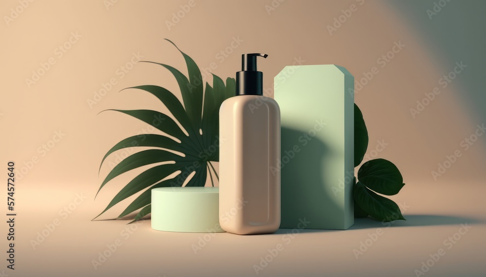 Showcasing Natural Cosmetic Bottle Mockup Minimalist Simple with Nature Light Color Background. Generative AI Showcasing Natural Cosmetic Bottle Mockup Minimalist Simple with Nature Light Color Background. Generative AI