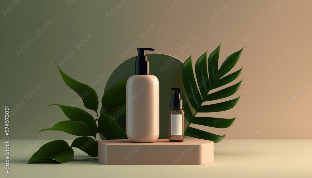 Showcasing Natural Cosmetic Bottle Mockup Minimalist Simple with Nature Light Color Background. Generative AI Showcasing Natural Cosmetic Bottle Mockup Minimalist Simple with Nature Light Color Background. Generative AI