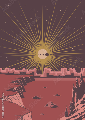 Retro Future Style Space Poster. Fantastic Universe Stars And Mountains Old Illustration