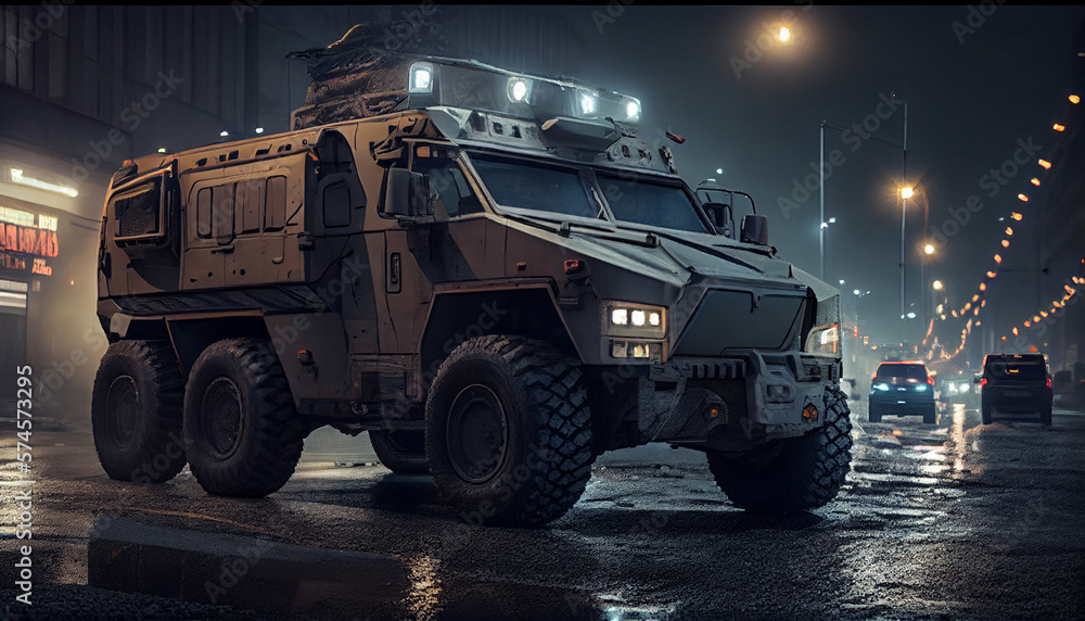 Armored Car enhanced security for the transportation of personnel at night.