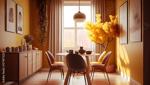 small dining room interior warm sand colors, generative ai, cozy elegance estate, fashionable room,  hardwood horizontal inside layout,