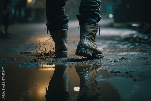 Closeup of man's feet walking through puddles in the rain. Generative AI.