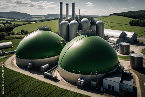 Aerial view of biogas factory. Generative AI. photo