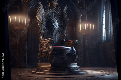 Abstract illustration design of empty throne in palace dark hall . AI