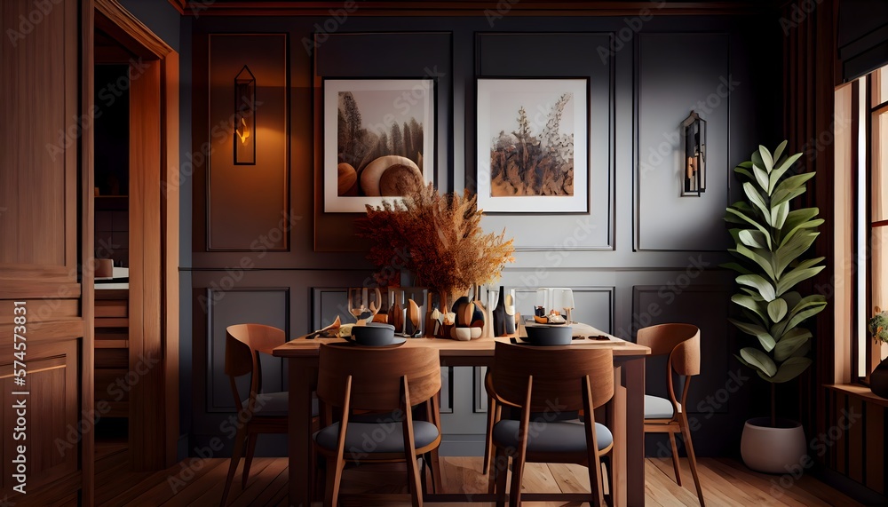 Colors of warm wood used in the interior of a tiny dining room, generative ai, Cozy hues of wood used throughout the inside of the dining room