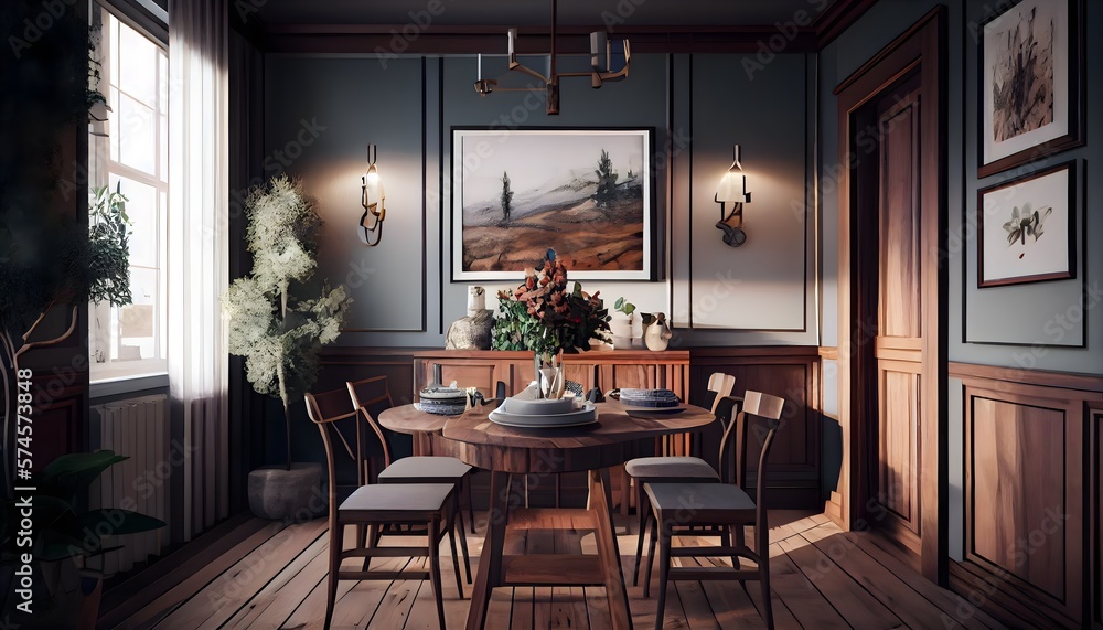 Colors of warm wood used in the interior of a tiny dining room, generative ai, Cozy hues of wood used throughout the inside of the dining room