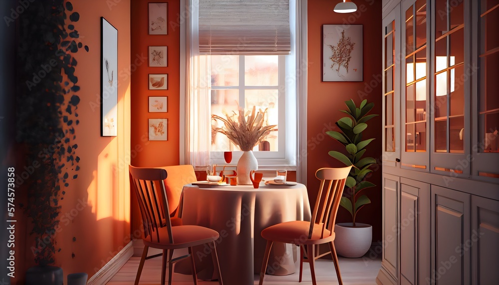 Illustration du mur de la salle à manger avec un ensemble de salle à manger de couleur orange chaud, une table en bois au sol. generative ai. Illustration du mur de la salle à manger avec un ensemble de salle à manger de couleur orange chaud, une table en bois au sol. generative ai.