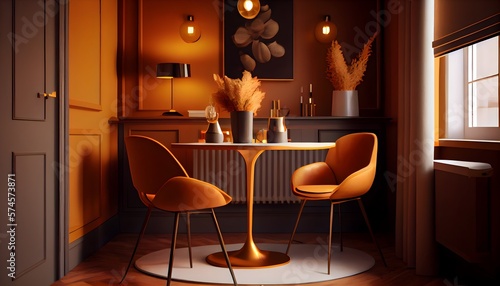 Illustration du mur de la salle à manger avec un ensemble de salle à manger de couleur orange chaud, une table en bois au sol. generative ai. photo