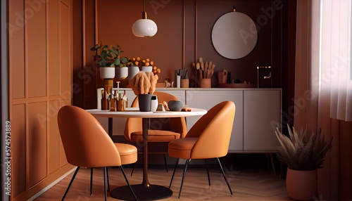 Illustration du mur de la salle à manger avec un ensemble de salle à manger de couleur orange chaud, une table en bois au sol. generative ai.