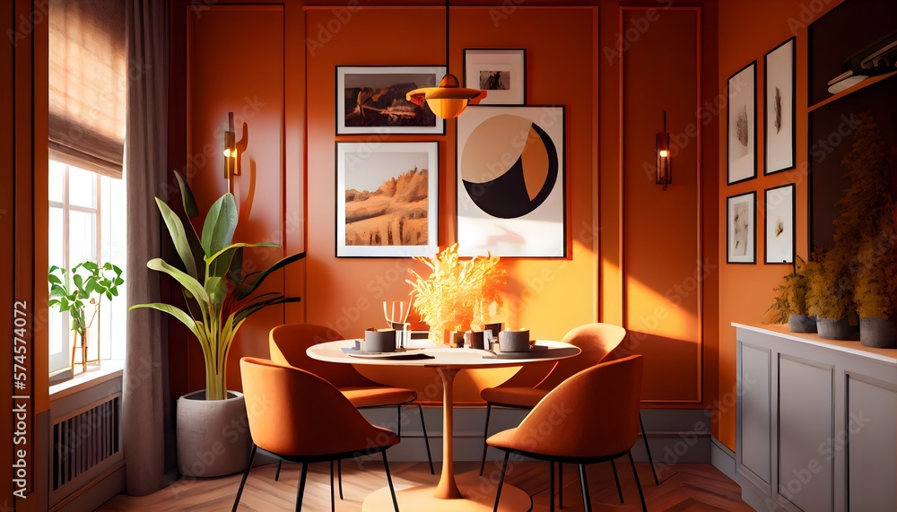 illustration of Dining room mock up with warm orange colour dining set, wooden table on floor. generative ai. illustration of Dining room mock up with warm orange colour dining set, wooden table on floor. generative ai.