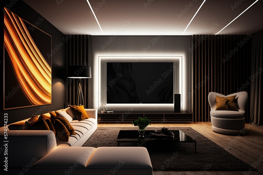 Modern living room interior with sofa and large tv screen on the wall. Generative AI.