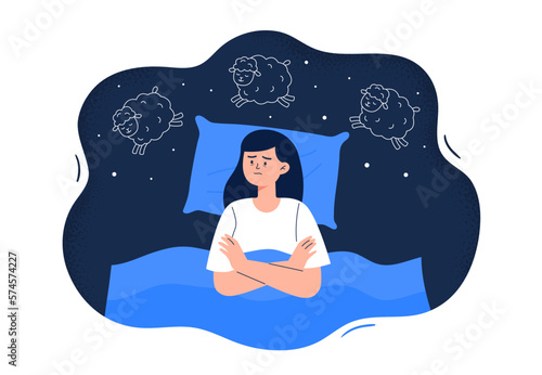 Sleep disorder, insomnia, and stress symptom. Young tired woman lying in bed and counting sheep to fall asleep. Vector flat illustration isolated on white background.