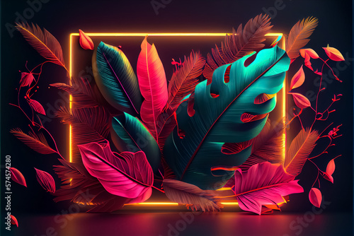 illustration of neon tropical theme with palm tree and exotic floral. ai photo