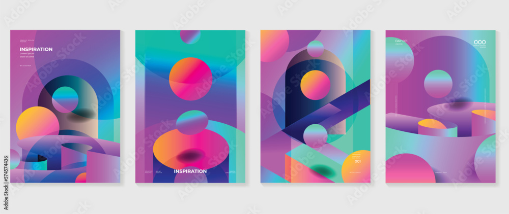 Abstract gradient background vector set. Minimalist style cover template with vibrant iridescent 3d geometric prism shapes collection. Ideal design for social media, poster, cover, banner, flyer.