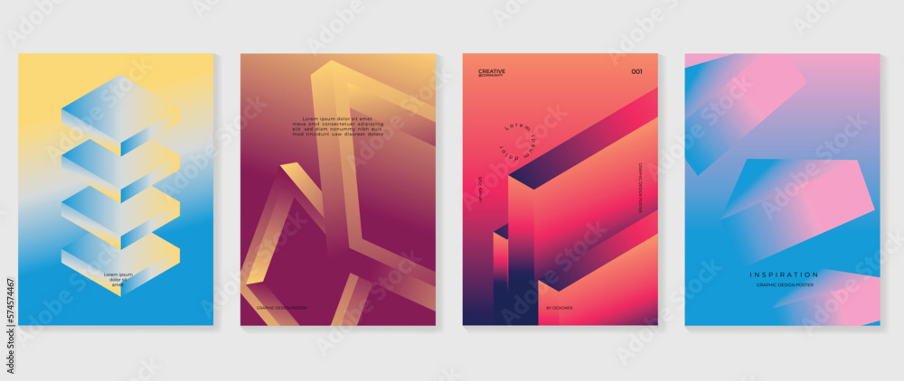 Obraz Abstract gradient background vector set. Minimalist style cover template with vibrant perspective 3d geometric prism shapes collection. Ideal design for social media, poster, cover, banner, flyer. fototapeta, plakat