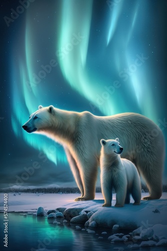 Northern lights and family of polar bears. Generative AI.