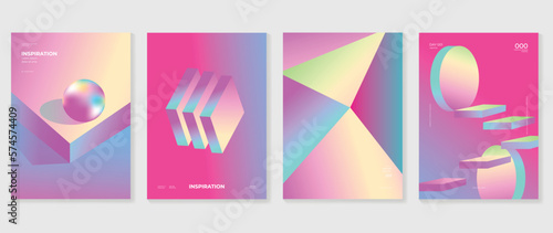 Abstract gradient background vector set. Minimalist style cover template with vibrant iridescent 3d geometric prism shapes collection. Ideal design for social media, poster, cover, banner, flyer.