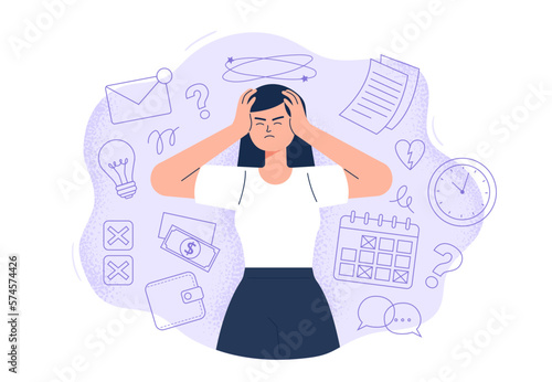 Woman with a headache through different problems. Tension, fatigue, and pain. Stress and tiredness concept. Flat-style vector illustration on the background.