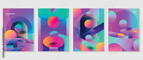 Fototapeta Naklejka Na Ścianę i Meble -  Abstract gradient background vector set. Minimalist style cover template with vibrant iridescent 3d geometric prism shapes collection. Ideal design for social media, poster, cover, banner, flyer.