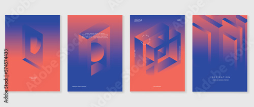 Abstract gradient background vector set. Minimalist style cover template with vibrant perspective 3d geometric prism shapes collection. Ideal design for social media, poster, cover, banner, flyer.