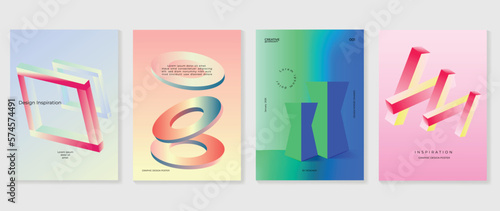 Abstract gradient background vector set. Minimalist style cover template with vibrant perspective 3d geometric prism shapes collection. Ideal design for social media, poster, cover, banner, flyer.