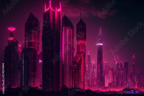 Night panorama of the city  neon light illustration . AI