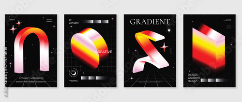 Abstract gradient background vector set. Futuristic style cover template with vibrant 3d geometric shapes and cosmic bright star texture. Design ideal for social media, poster, cover, banner, flyer.
