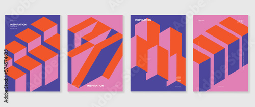 Abstract gradient background vector set. Minimalist style cover template with vibrant perspective 3d geometric prism shapes collection. Ideal design for social media, poster, cover, banner, flyer.