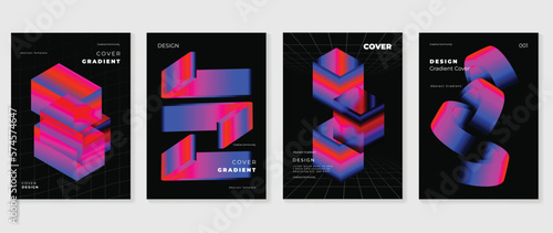Abstract gradient background vector set. Futuristic minimal style cover template with colorful vibrant 3d geometric shapes prism and grid lines. Design for social media, poster, cover, banner, flyer.