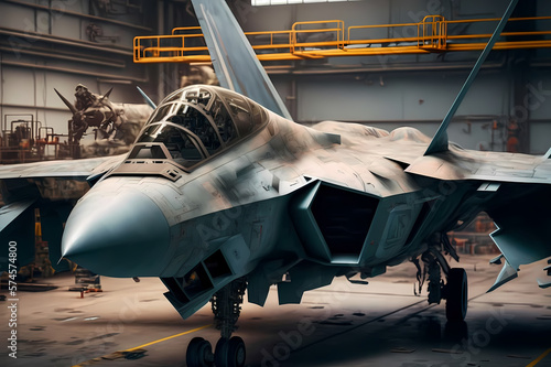 Military factory production weapon fighter. Warehouse modern of army airplane. Industry line of war plane technology. Generation AI