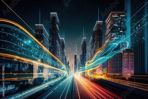 Foto Smart digital city with high speed light trail of cars of digital data transfer