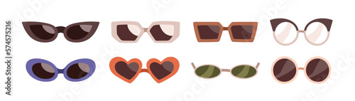 Sunglasses designs set. Summer sun glasses, fashion eyewear frames, rims. Women beach accessories in modern retro style. Different eyeglasses. Flat vector illustrations isolated on white background