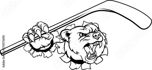 A bear ice hockey player animal sports mascot holding a hockey stick