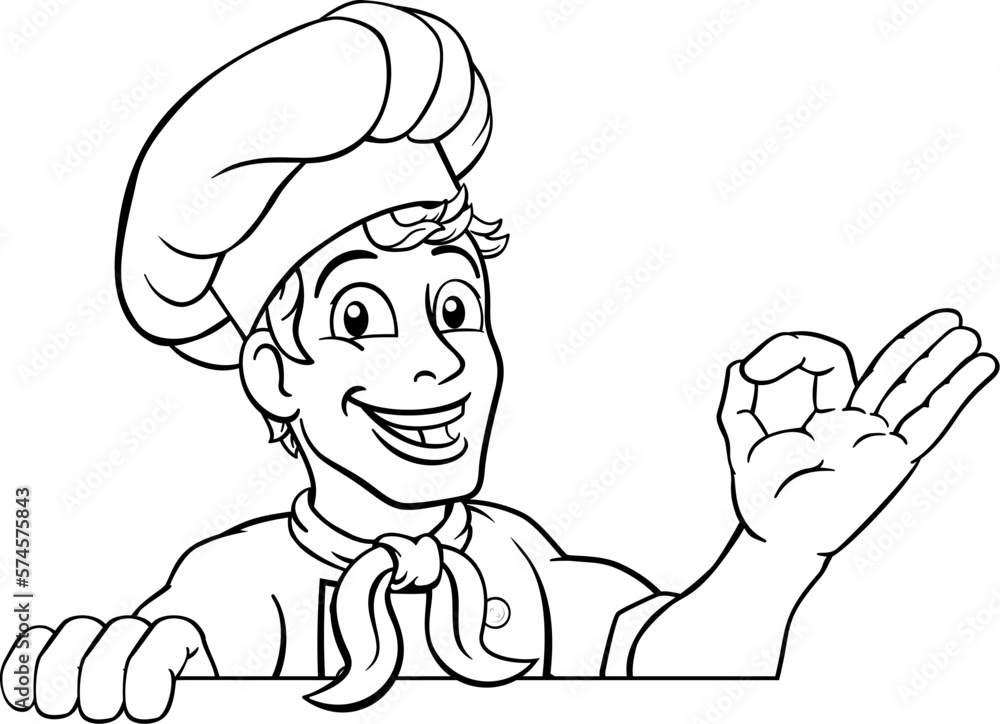 Obraz premium A chef cook or baker man cartoon character giving a perfect or okay chefs hand sign and peeking over a background sign