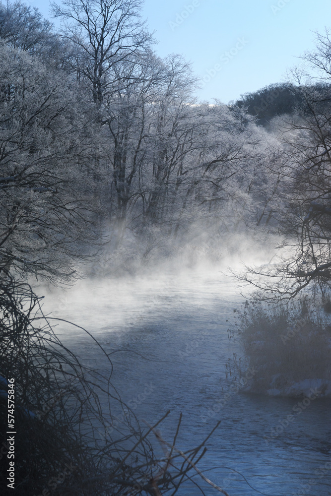 北海道千歳市、千歳川の川霧(蒸気霧)【1月】 北海道千歳市、千歳川の川霧(蒸気霧)【1月】