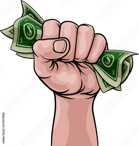 A hand in a fist squeezing cash money dollar bills. In a comic book pop art cartoon illustration style