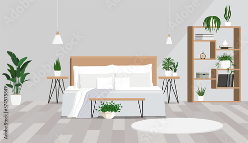 Illustration of a wooden bed with white pillows in a minimal bedroom interior with plants and a round rug.