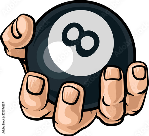 A human hand holding a pool or billiards black 8 ball.
