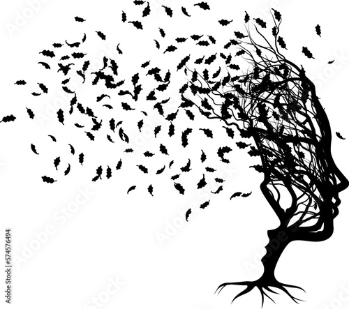 An optical illusion couple tree design with a man and womans faces in silhouette. The womans face is formed by the tree and the mans by the negative space. Could have many meanings as a concept.
