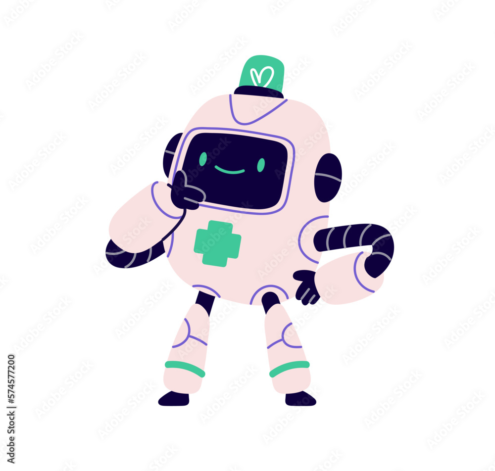 Cute robot character. Happy android with smiling face. Childish AI bot, smart assistant, funny electronic robotic machine, technology. Kids flat vector illustration isolated on white background