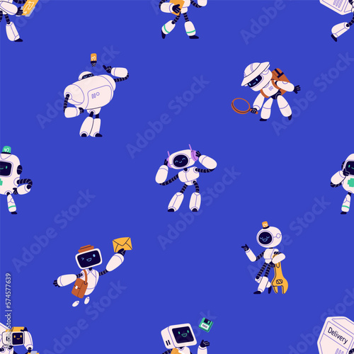 Cute robots, seamless kids pattern. Android characters, endless background. R...
