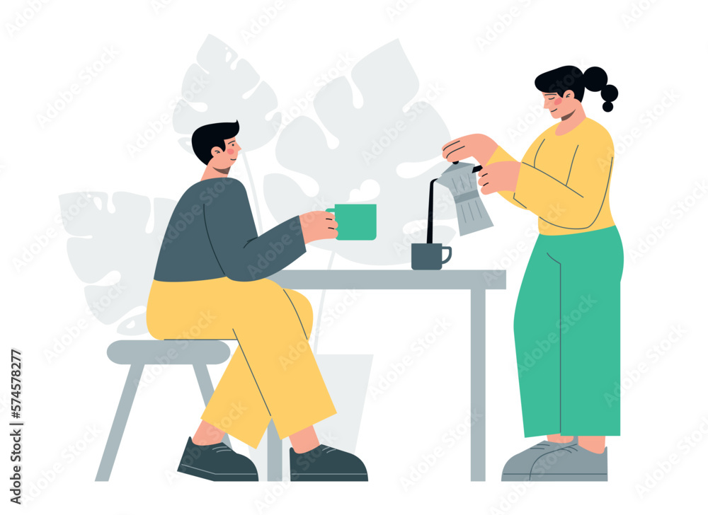 People on kitchen drink tea from teapot. Relax time. Flat vector minimalist illustrations