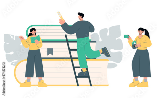 Knowledge base. People reading and learning. Stack of books. Flat vector minimalist illustrations
