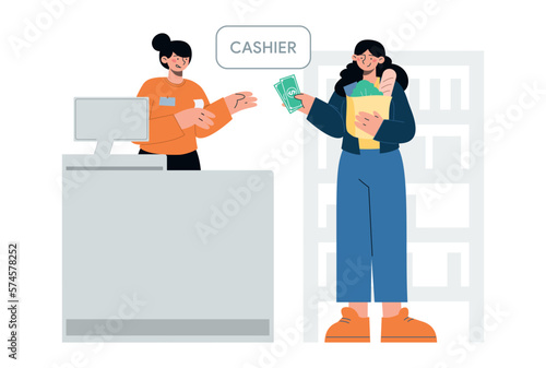 People in the store. Market finance operation with cash. Buying and selling food and goods. Flat vector minimalist illustrations